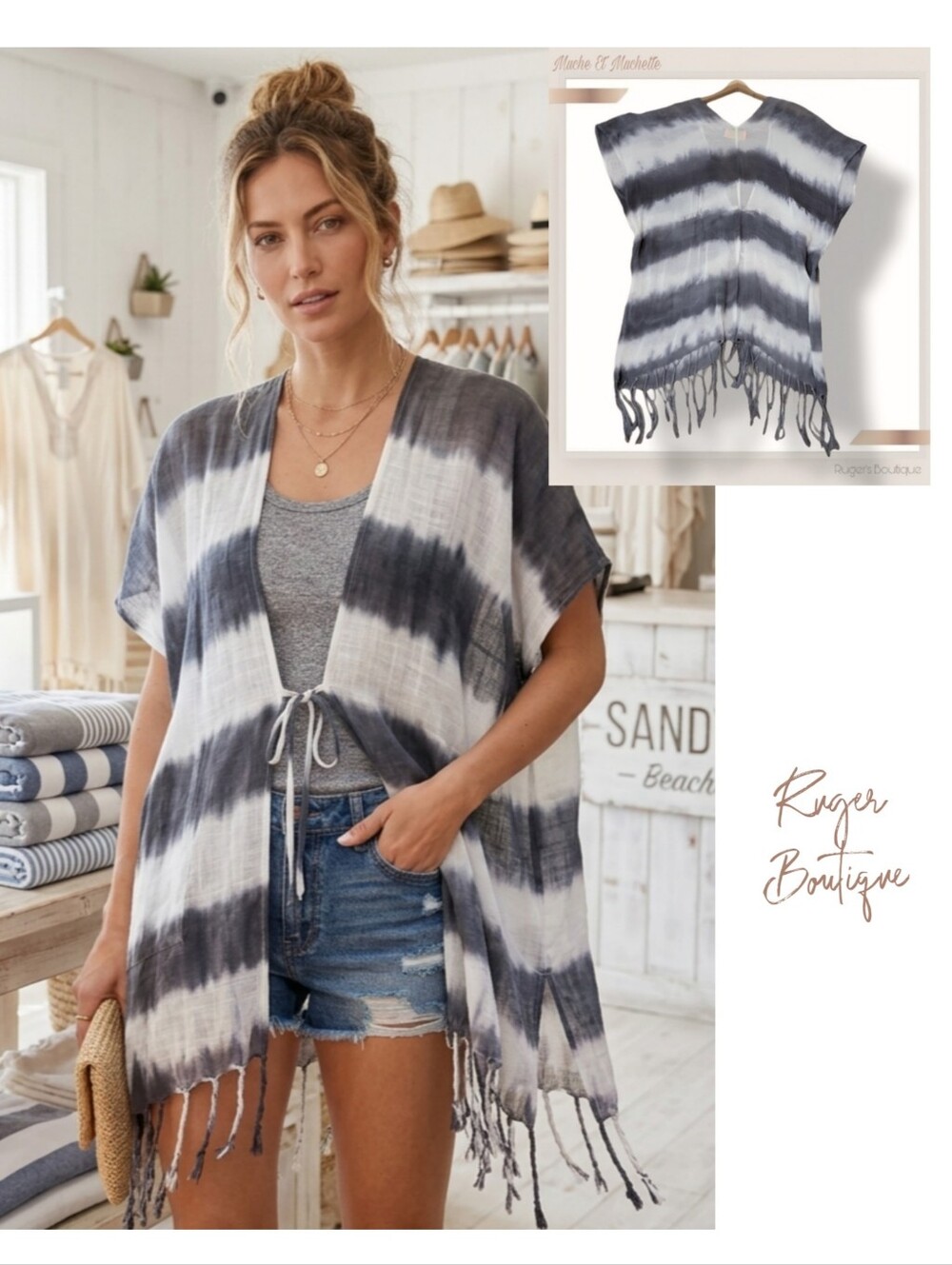 🌿Muche Et Muchette Women's Blue  White Stripe/Ombre Boho Fringe Coverup